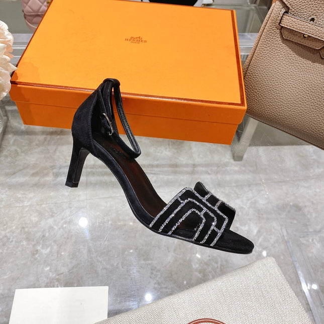 PREMIERE 70 SANDAL IN BLACK SUEDE WITH RHINSTONES