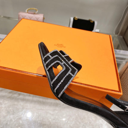 PREMIERE 90 SANDAL IN BLACK SUEDE WITH RHINSTONES