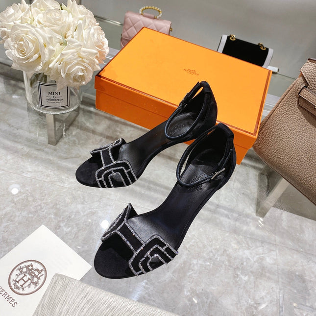 PREMIERE 90 SANDAL IN BLACK SUEDE WITH RHINSTONES