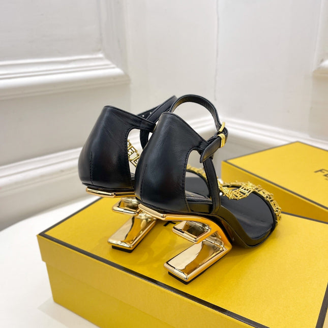 FENDI HIGH-HEELED 85 MM SANDALS IN BLACK LAMBSKIN WITH GOLD HARDWARE
