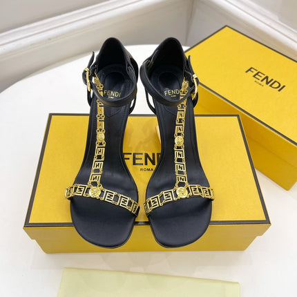 FENDI HIGH-HEELED 85 MM SANDALS IN BLACK LAMBSKIN WITH GOLD HARDWARE