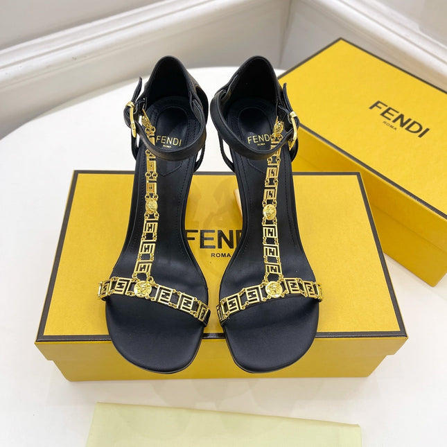 FENDI HIGH-HEELED 85 MM SANDALS IN BLACK LAMBSKIN WITH GOLD HARDWARE