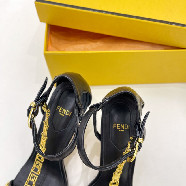 FENDI HIGH-HEELED 85 MM SANDALS IN BLACK LAMBSKIN WITH GOLD HARDWARE