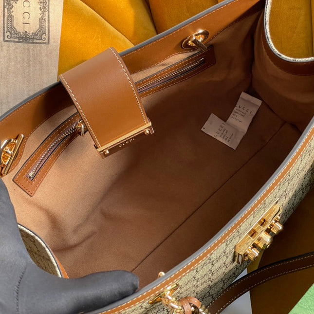 GG PADLOCK LARGE 35 SHOULDER BAG BEIGE CANVAS AND BROWN CALFSKIN