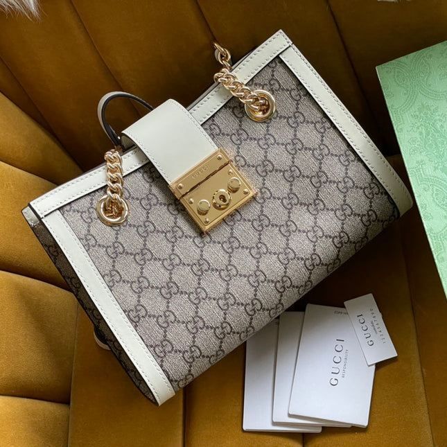 GG PADLOCK MEDIUM 26 SHOULDER BAG BEIGE CANVAS AND WHITE CALFSKIN