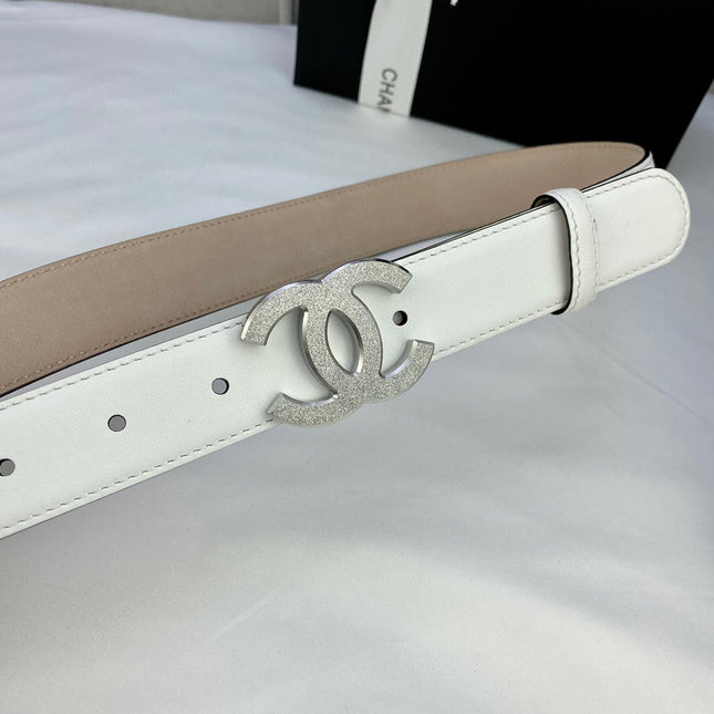 DOUBLE C BELT 30MM IN WHITE CALFSKIN METAL BUCKLE