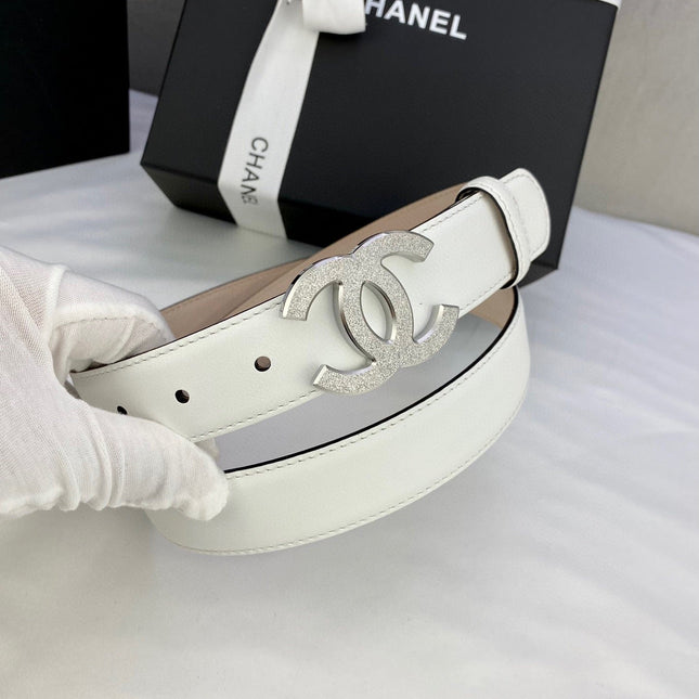 DOUBLE C BELT 30MM IN WHITE CALFSKIN METAL BUCKLE