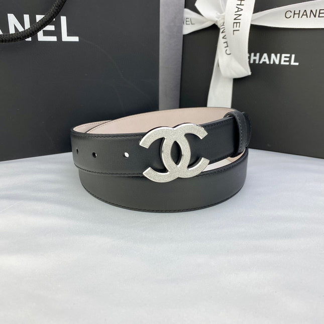 DOUBLE C BELT 30MM IN BLACK CALFSKIN METAL BUCKLE