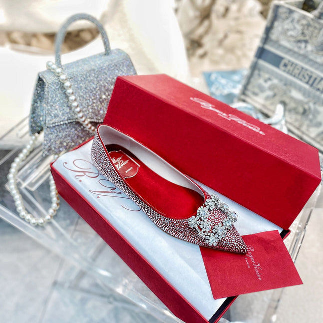 EFFLORESCENCE BALLERINAS IN RED CALFSKIN WITH FULLY EMBELLISHED CRYSTALS