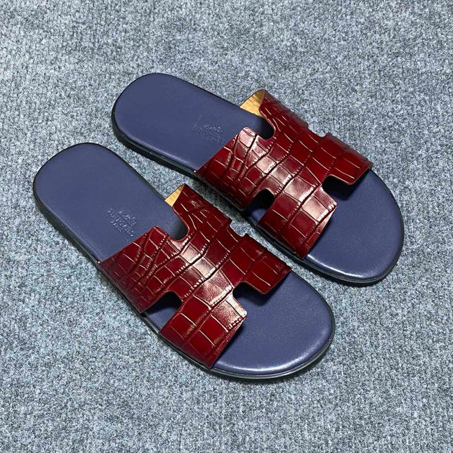 HM IZMIR CROCODILE MOTIF SANDAL INDIGO AND BRICK CALFSKIN