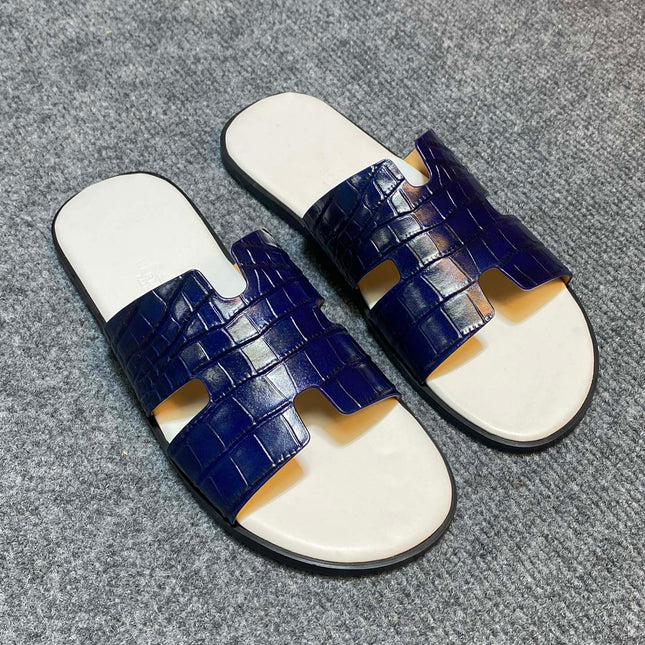 HM IZMIR CROCODILE MOTIF SANDAL NAVY AND WHITE CALFSKIN