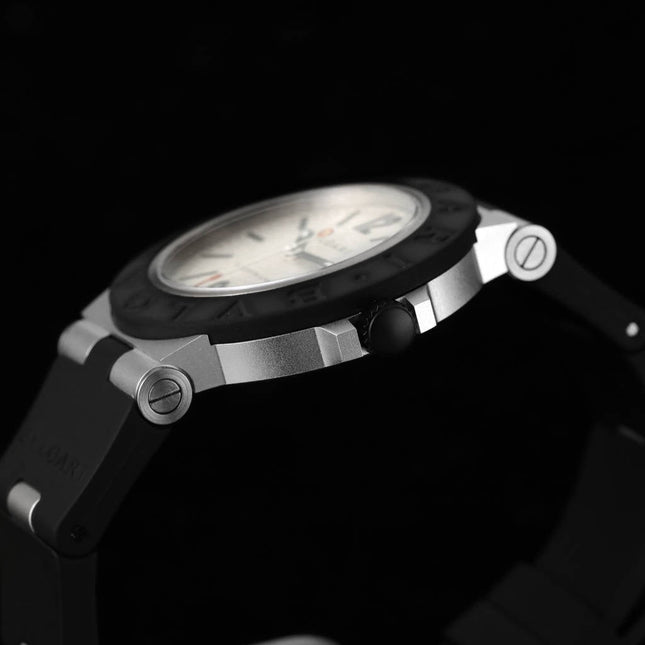 BVLGARI ALUMINIUM AUTOMATIC WHITE DIAL BLACK RUBBER STRAP
