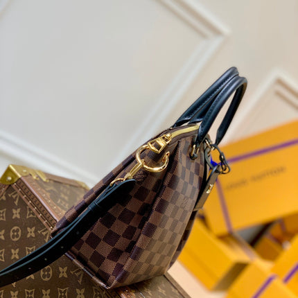 BOÉTIE PM TOTE 25 IN BROWN CHECKERED PATTERN MONOGRAM COATED CANVAS