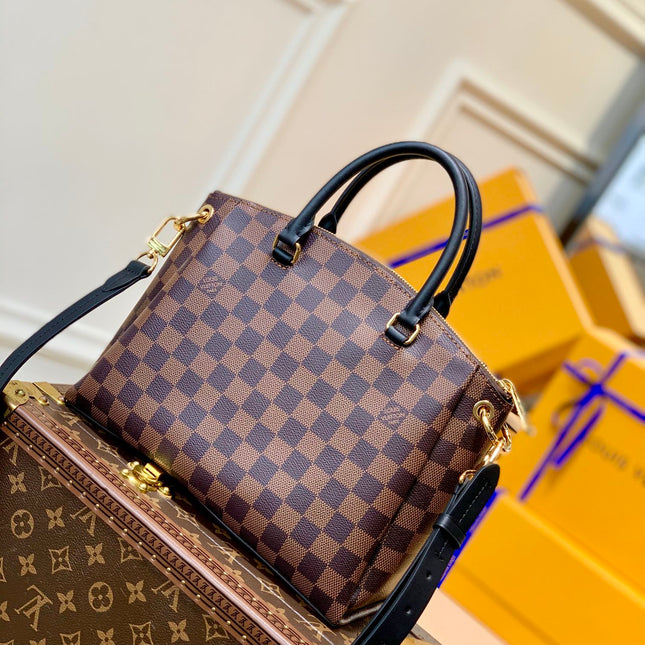 BOÉTIE PM TOTE 25 IN BROWN CHECKERED PATTERN MONOGRAM COATED CANVAS
