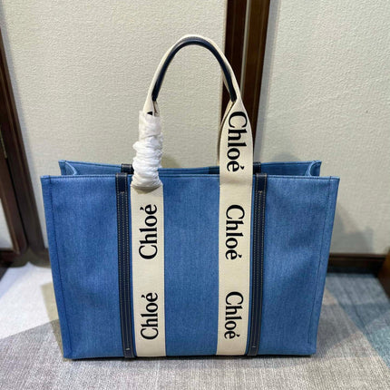 LAGRE WOODY TOTE BAG 45 IN BLUE DENIM DARK BLUE CALFSKIN