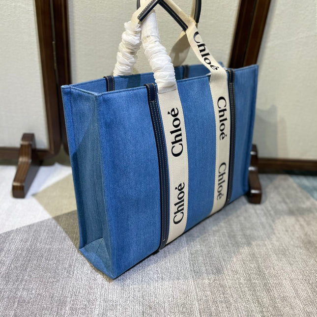 LAGRE WOODY TOTE BAG 45 IN BLUE DENIM DARK BLUE CALFSKIN