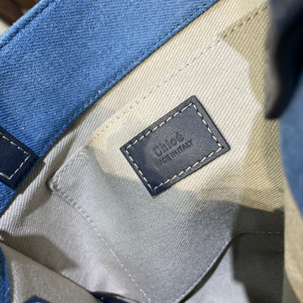 SMALL STRAP WOODY TOTE BAG 26.5 IN BLUE DENIM CANVAS DARK BLUE CALFSKIN