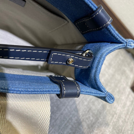 SMALL STRAP WOODY TOTE BAG 26.5 IN BLUE DENIM CANVAS DARK BLUE CALFSKIN