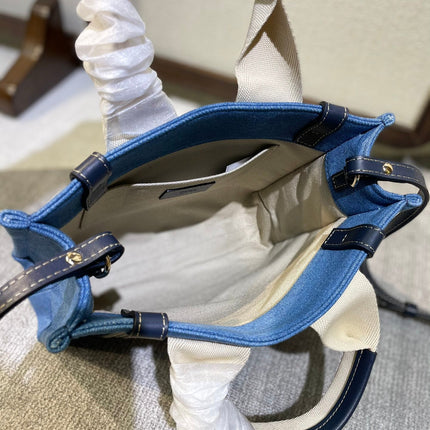 SMALL STRAP WOODY TOTE BAG 26.5 IN BLUE DENIM CANVAS DARK BLUE CALFSKIN