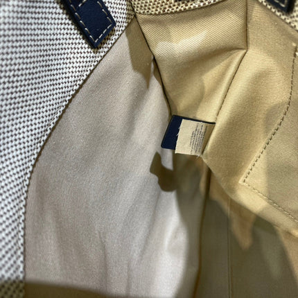 SMALL STRAP WOODY TOTE BAG 26.5 IN BEIGE LINEN CANVAS BLACK WEBBING DARK BLUE CALFSKIN