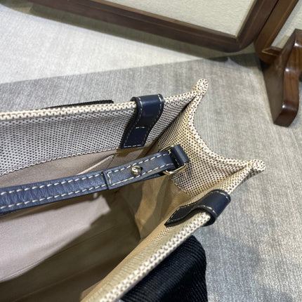 SMALL STRAP WOODY TOTE BAG 26.5 IN BEIGE LINEN CANVAS BLACK WEBBING DARK BLUE CALFSKIN