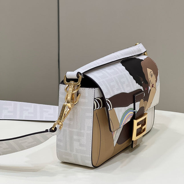 FENDI 27 BAGUETTE BAG IN WHITE CALFSKIN ATTACH STICKER GOLD HARDWARE
