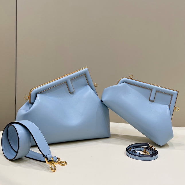 FENDI FIRST SMALL 32 IN LIGHT BLUE NAPPA LEATHER BAG GOLD HARDWARE