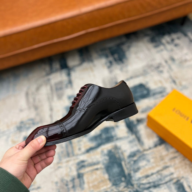 LV LACE-UP IN WINE RED GLOSSY CALFSKIN