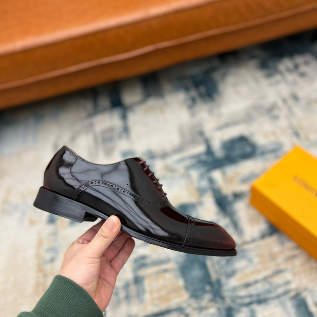 LV LACE-UP IN WINE RED GLOSSY CALFSKIN