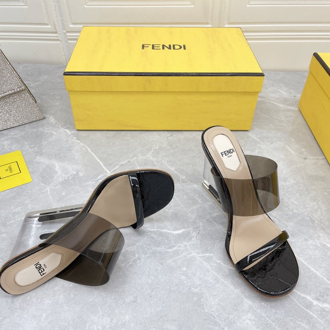 FENDI FIRST 95 MM HIGH-HEELED SANDAL IN BLACK TPU FILM AND LAMBSKIN