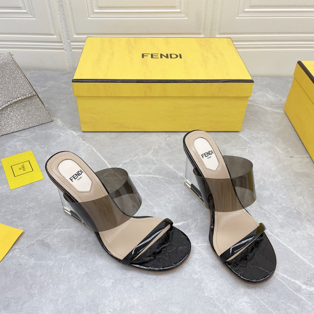 FENDI FIRST 95 MM HIGH-HEELED SANDAL IN BLACK TPU FILM AND LAMBSKIN