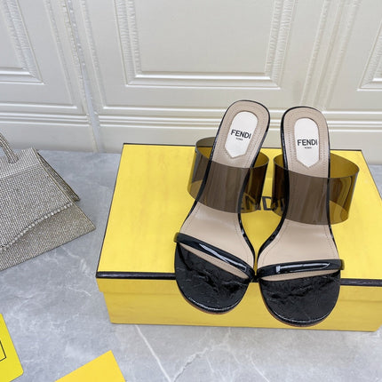 FENDI FIRST 95 MM HIGH-HEELED SANDAL IN BLACK TPU FILM AND LAMBSKIN
