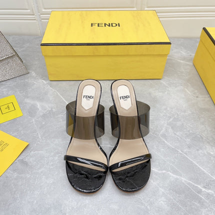 FENDI FIRST 95 MM HIGH-HEELED SANDAL IN BLACK TPU FILM AND LAMBSKIN