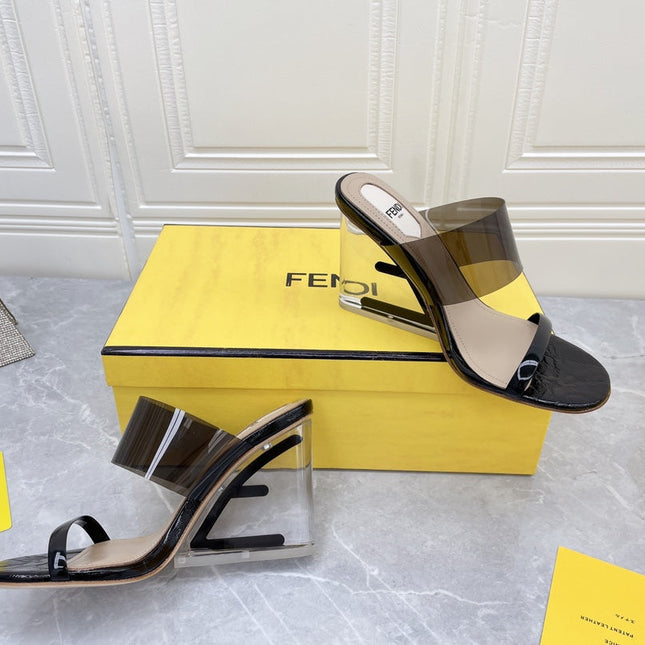 FENDI FIRST 95 MM HIGH-HEELED SANDAL IN BLACK TPU FILM AND LAMBSKIN