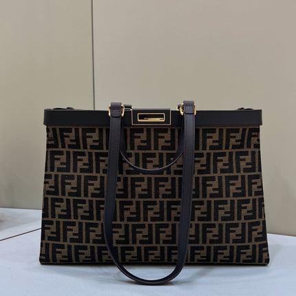 FENDI TOTE 41 BAG IN BROWN MIX BLACK MONOGRAM CANVAS GOLD HARDWARE