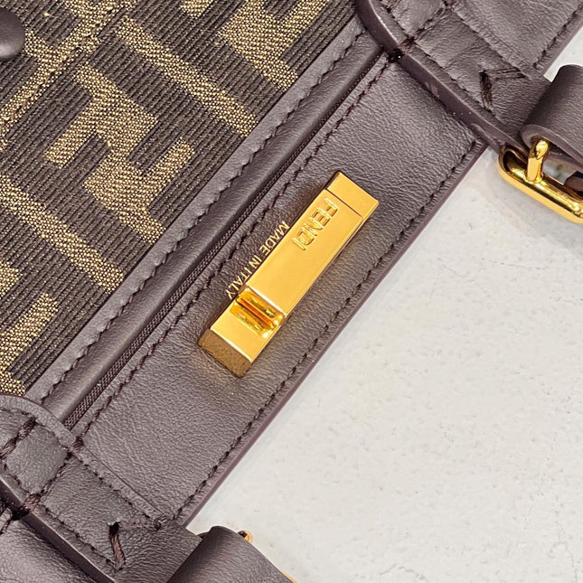 FENDI TOTE 41 BAG IN BROWN MIX BLACK MONOGRAM CANVAS GOLD HARDWARE