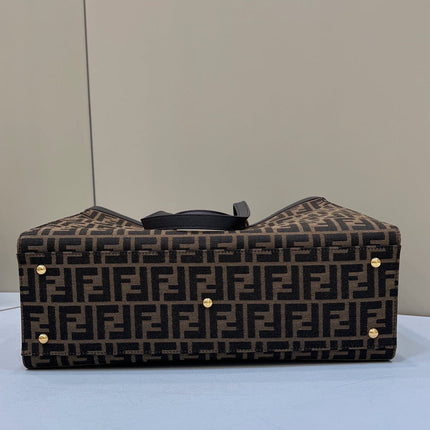 FENDI TOTE 41 BAG IN BROWN MIX BLACK MONOGRAM CANVAS GOLD HARDWARE