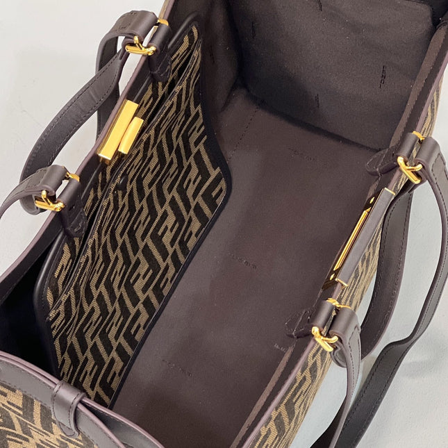 FENDI TOTE 41 BAG IN BROWN MIX BLACK MONOGRAM CANVAS GOLD HARDWARE