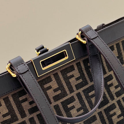 FENDI TOTE 41 BAG IN BROWN MIX BLACK MONOGRAM CANVAS GOLD HARDWARE