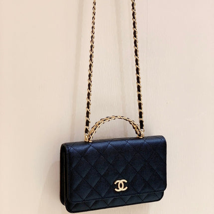 CHANEL 25S TOP HANDLE BAG 19 IN BLACK WALLET ON CHAIN LAMBSKIN