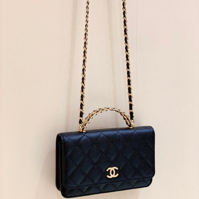 CHANEL 25S TOP HANDLE BAG 19 IN BLACK WALLET ON CHAIN LAMBSKIN