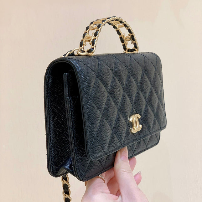 CHANEL 25S TOP HANDLE BAG 19 IN BLACK WALLET ON CHAIN LAMBSKIN