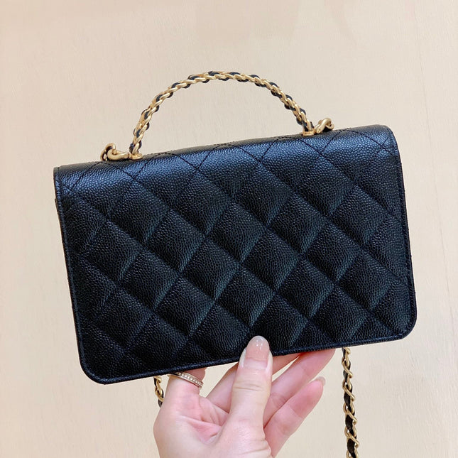 CHANEL 25S TOP HANDLE BAG 19 IN BLACK WALLET ON CHAIN LAMBSKIN