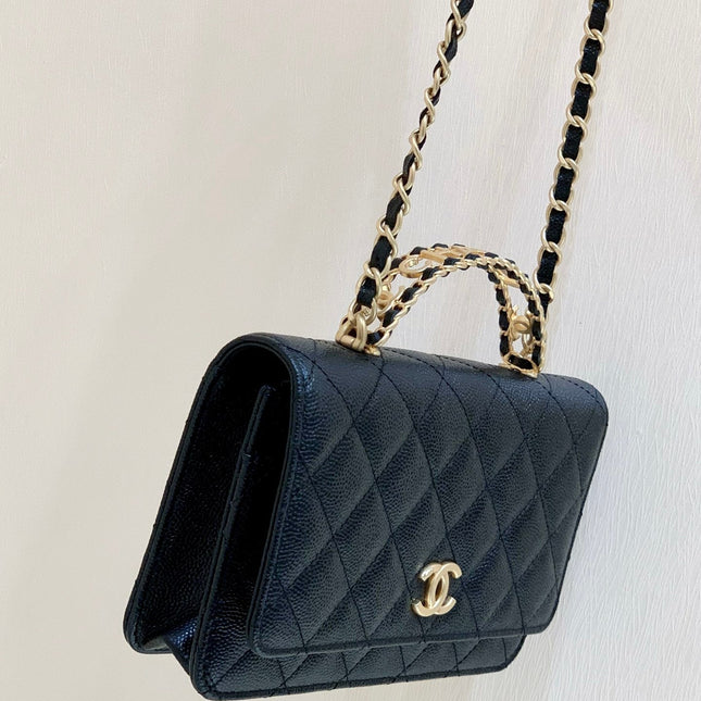 CHANEL 25S TOP HANDLE BAG 19 IN BLACK WALLET ON CHAIN LAMBSKIN