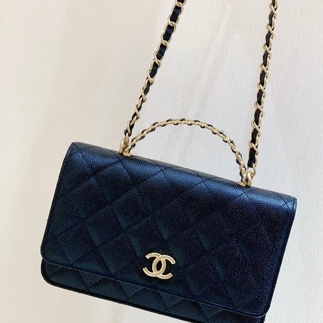 CHANEL 25S TOP HANDLE BAG 19 IN BLACK WALLET ON CHAIN LAMBSKIN