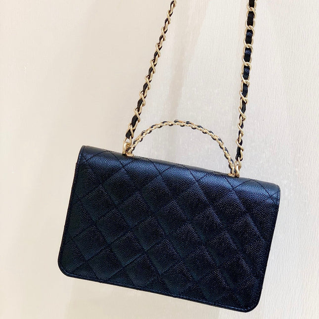 CHANEL 25S TOP HANDLE BAG 19 IN BLACK WALLET ON CHAIN LAMBSKIN
