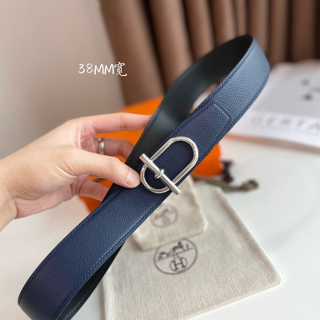 HM ITHAQUE BELT SILVER BUCKLE & REVERSIBLE NAVY BLUE AND BLACK LEATHER STRAP 38MM