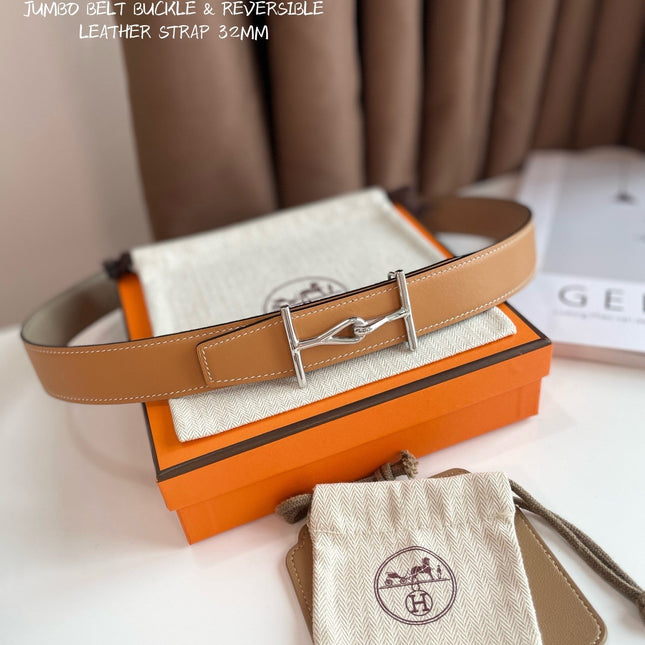 JUMBO BELT SILVER BUCKLE & REVERSIBLE CAMEL BROWN AND ORANGE LEATHER STRAP 32MM