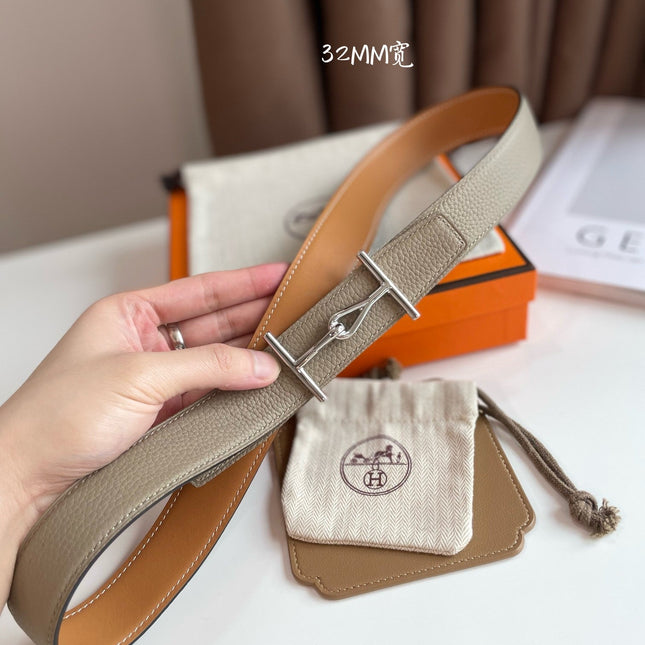 JUMBO BELT SILVER BUCKLE & REVERSIBLE CAMEL BROWN AND ORANGE LEATHER STRAP 32MM