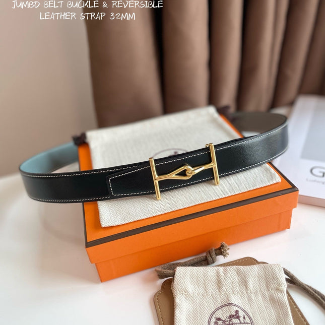 JUMBO BELT GOLD BUCKLE & REVERSIBLE ASH GREEN AND BLACK LEATHER STRAP 32MM